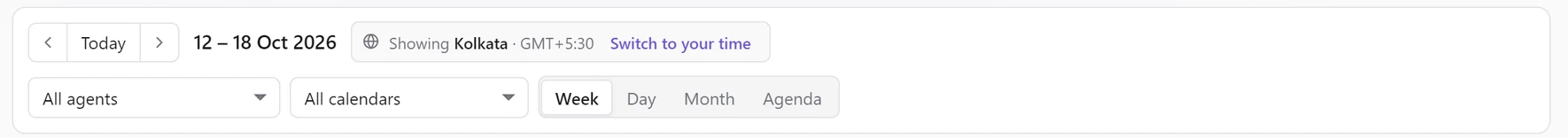 The Calendar toolbar with the chip Showing Kolkata · GMT+5:30 and a Switch to your time link