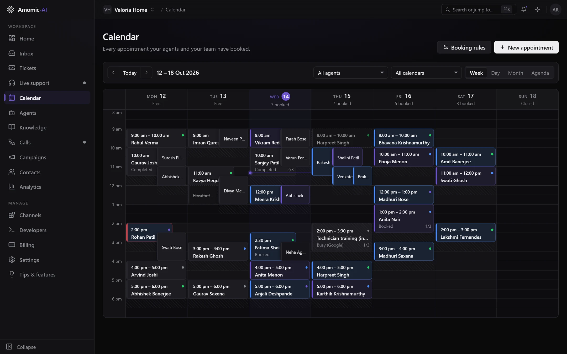 The Calendar in Week view: technician visits from Monday to Saturday, coloured by agent, with a lunch break shaded, a Google busy block on Thursday and Sunday marked Closed