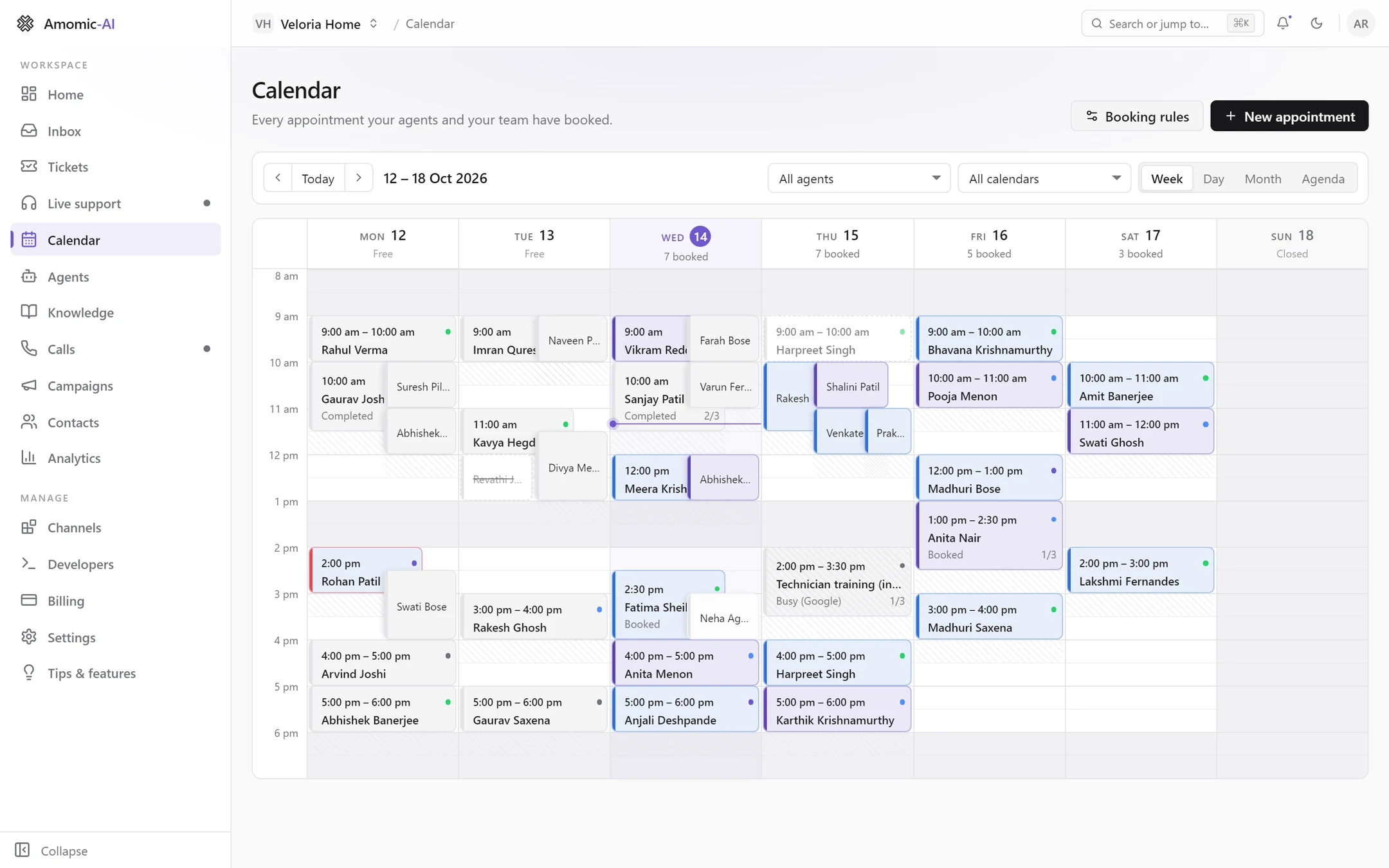 The Calendar in Week view: technician visits from Monday to Saturday, coloured by agent, with a lunch break shaded, a Google busy block on Thursday and Sunday marked Closed