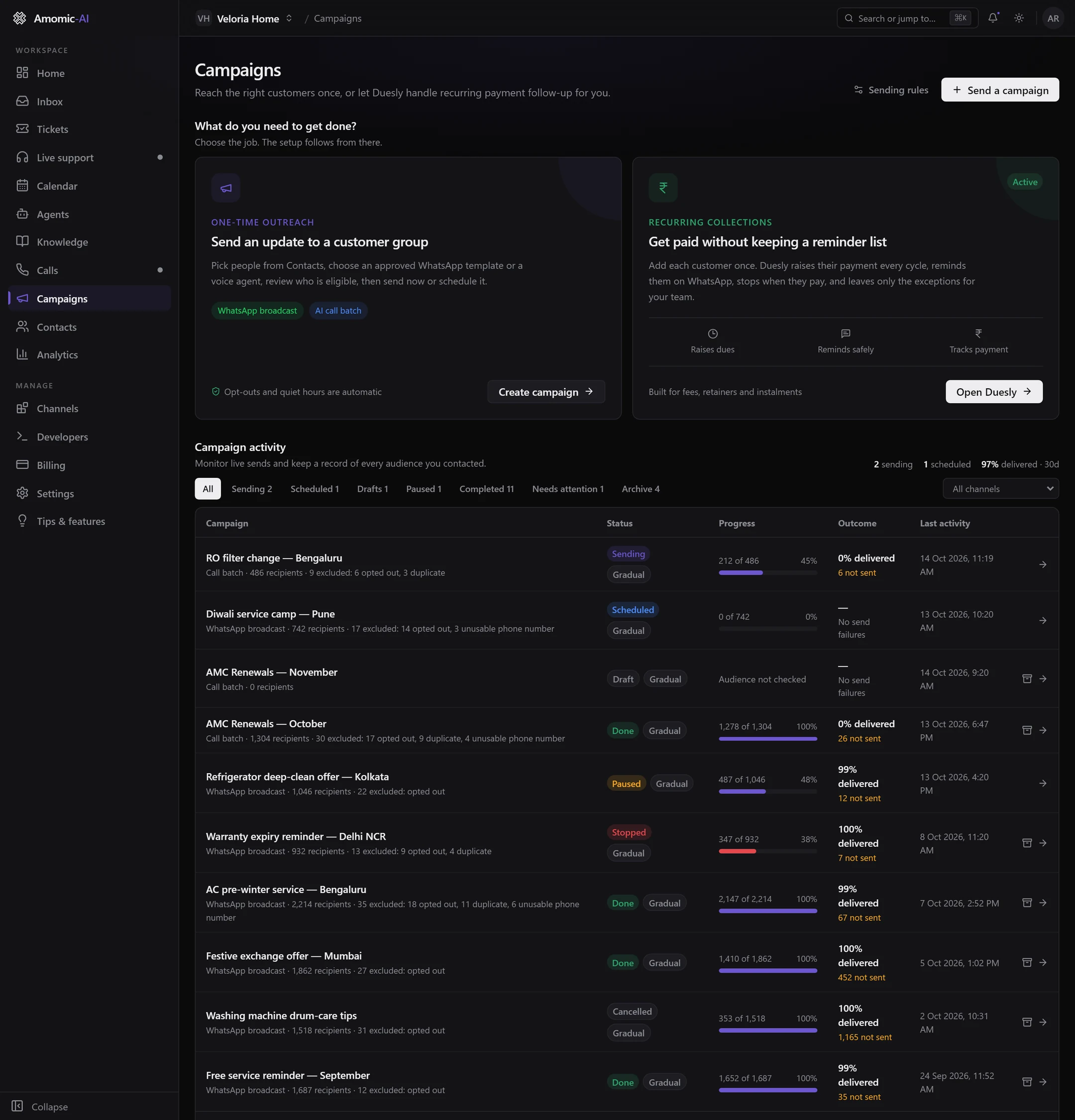 The Campaigns page: the One-time outreach and Duesly cards, then Campaign activity with status filters and a table of campaigns
