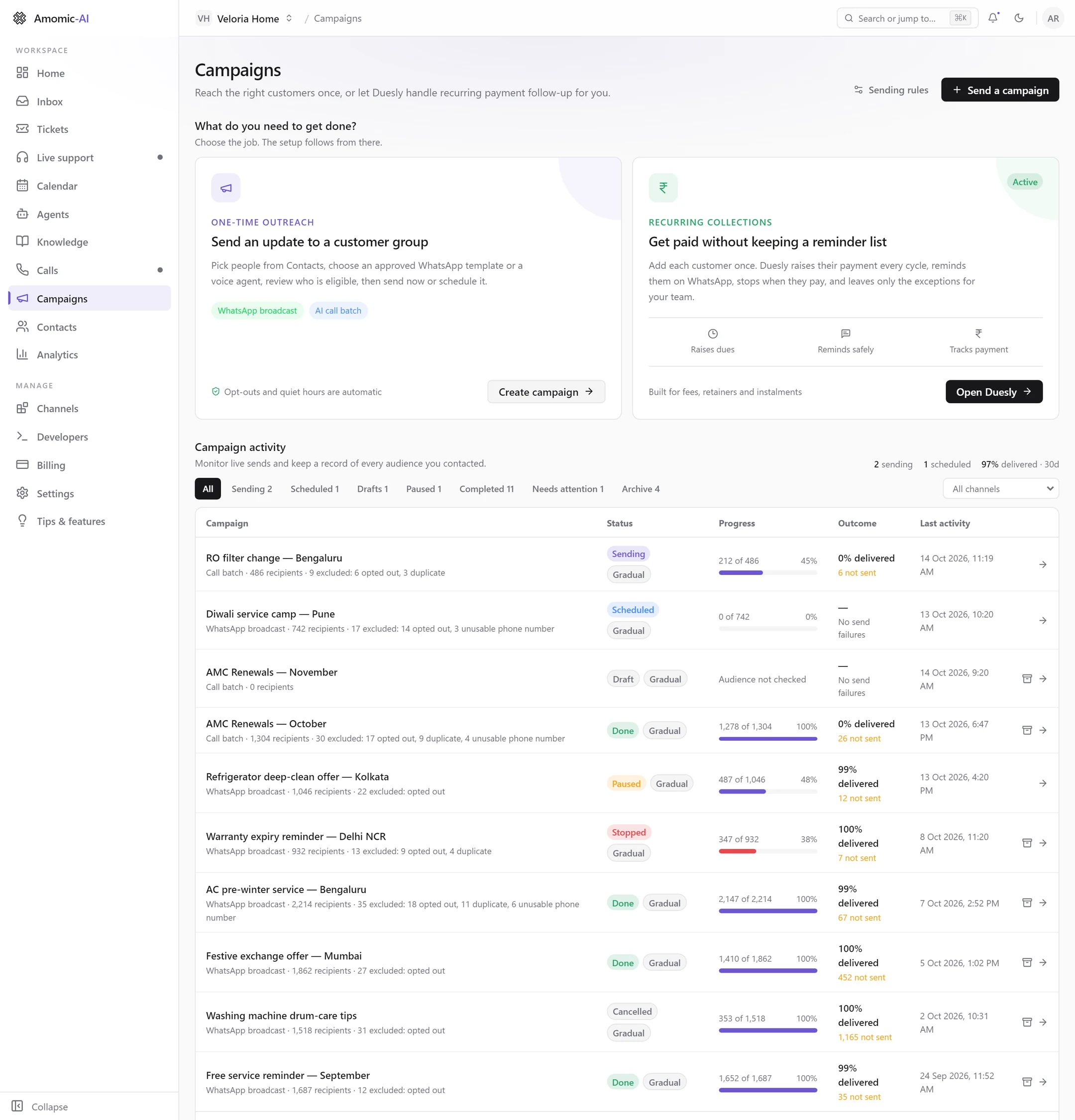 The Campaigns page: the One-time outreach and Duesly cards, then Campaign activity with status filters and a table of campaigns
