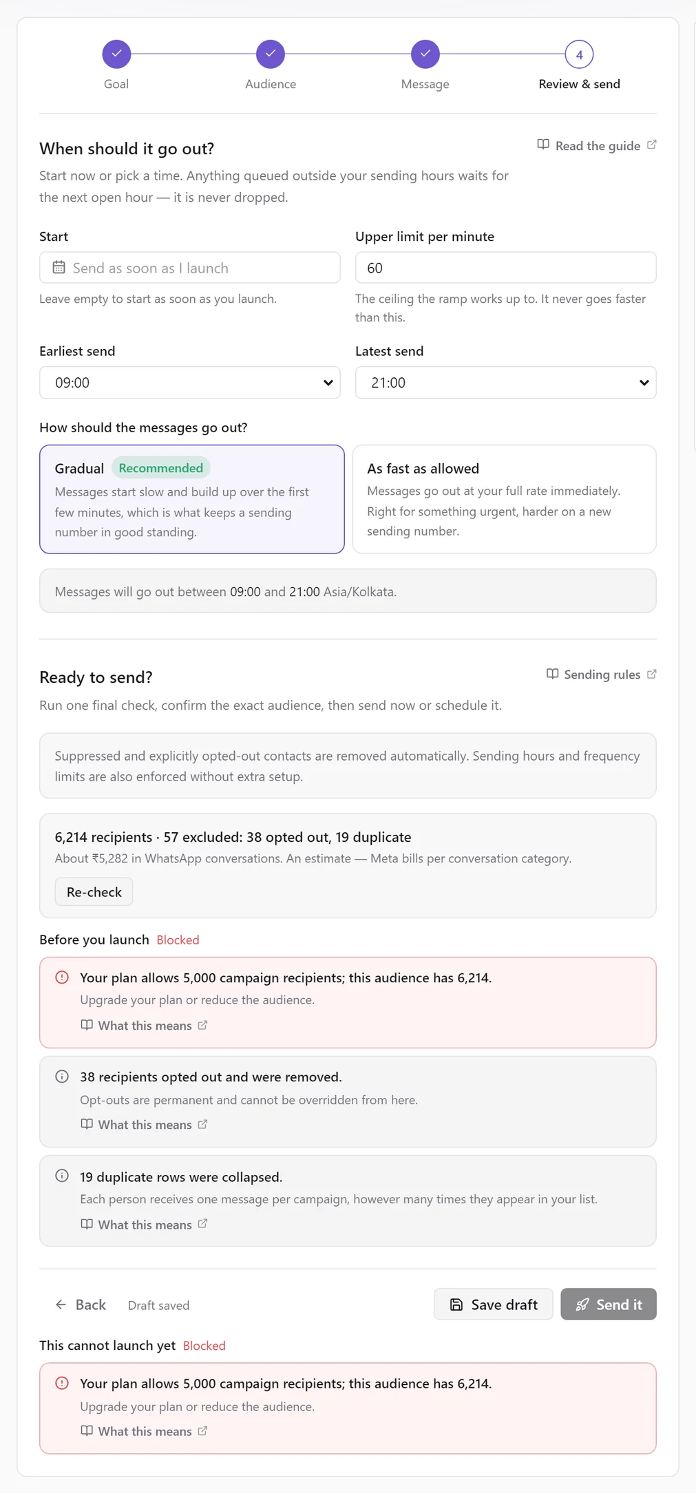 A blocked final check: Your plan allows 5,000 campaign recipients; this audience has 6,214, with Send it disabled