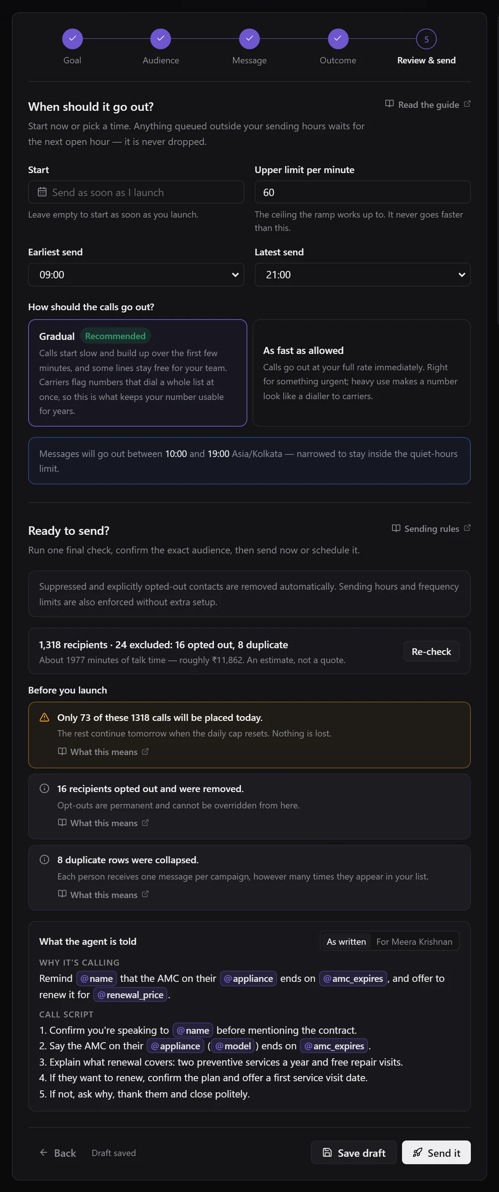 Review & send for a call batch with a daily-call warning and the What the agent is told panel