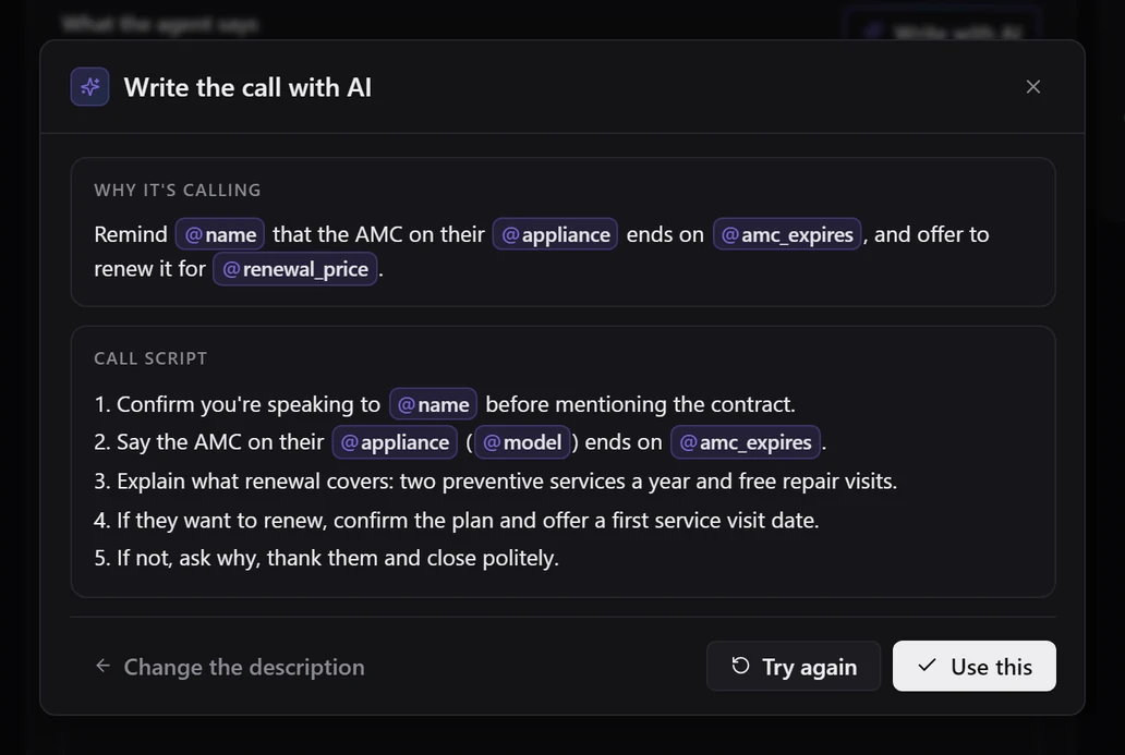 The Write the call with AI dialog showing a drafted purpose and five-step script with variable chips