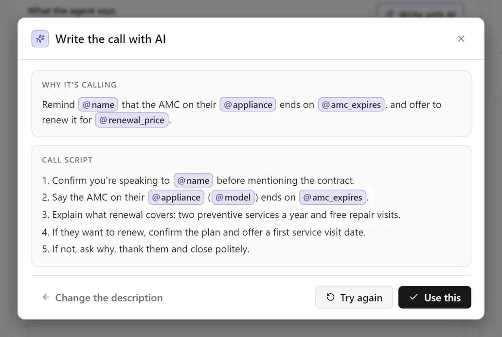 The Write the call with AI dialog showing a drafted purpose and five-step script with variable chips