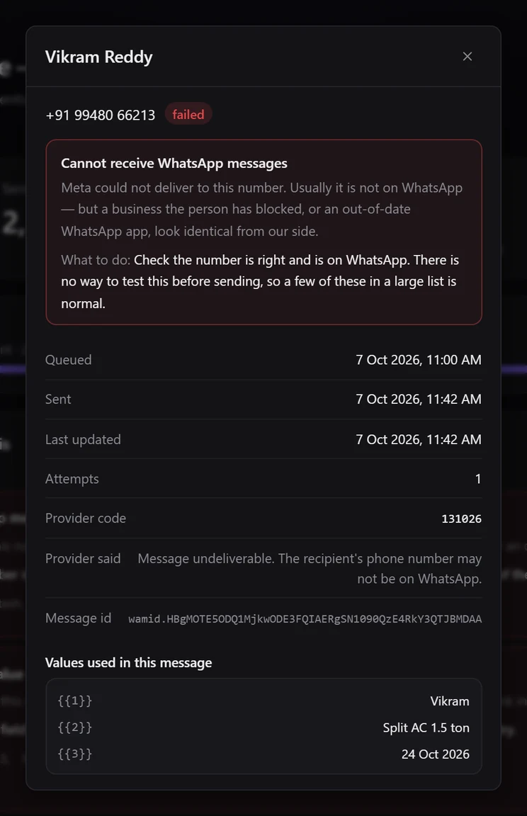 A recipient's details: Cannot receive WhatsApp messages, with what to do, the provider code 131026, and the values used in the message