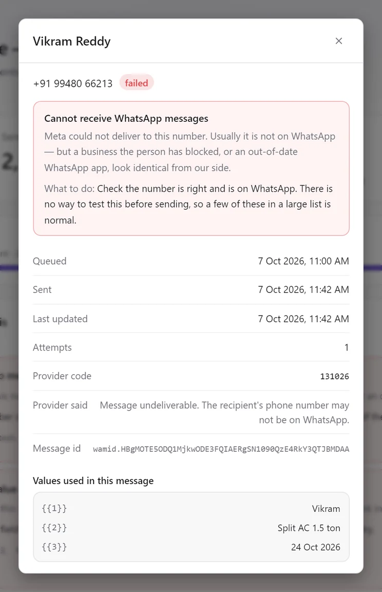 A recipient's details: Cannot receive WhatsApp messages, with what to do, the provider code 131026, and the values used in the message