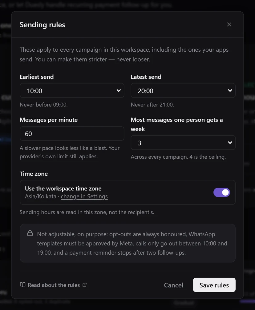 The Sending rules dialog with Earliest send, Latest send, Messages per minute, Most messages one person gets a week, Time zone and the locked rules note