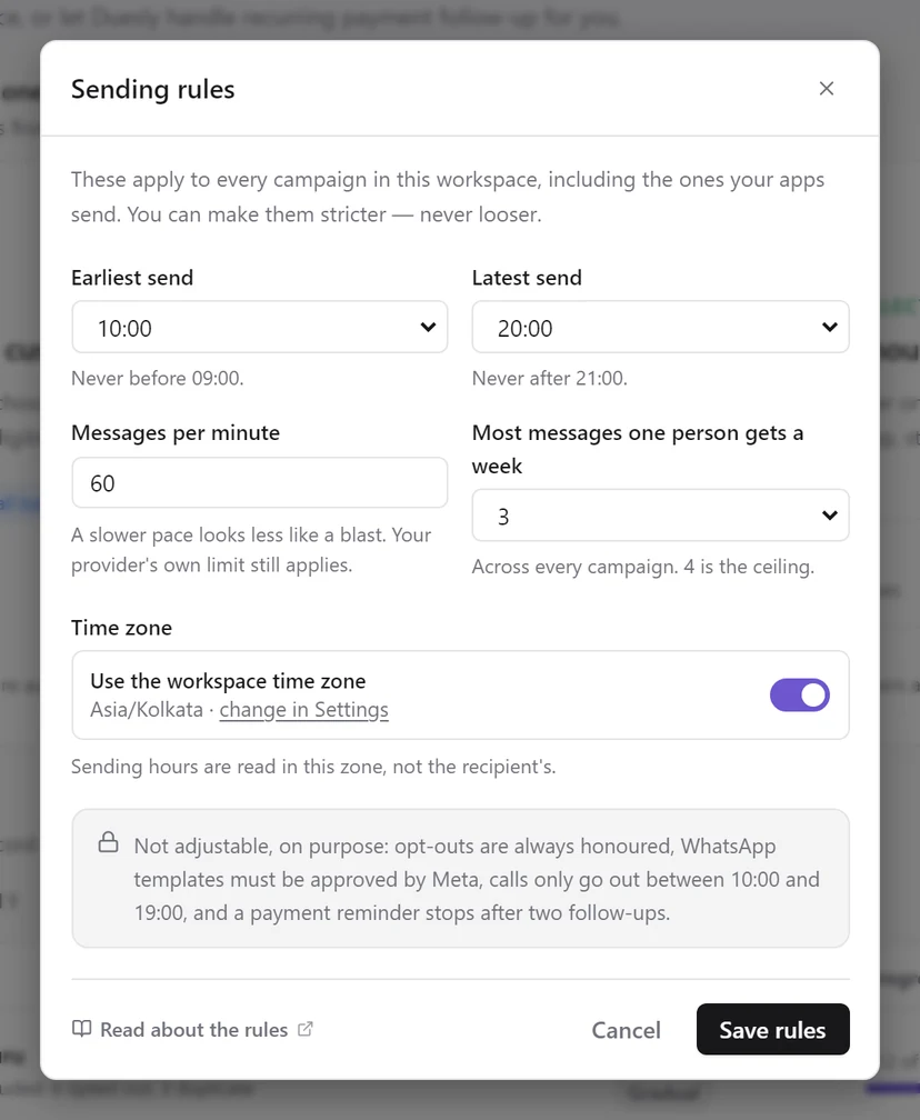 The Sending rules dialog with Earliest send, Latest send, Messages per minute, Most messages one person gets a week, Time zone and the locked rules note