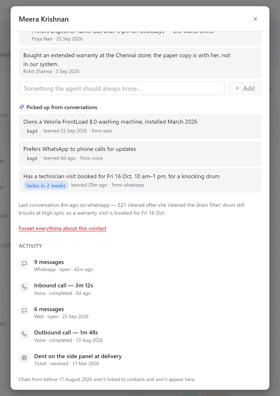 Further down Meera Krishnan's contact: three facts picked up from conversations marked kept or fades in 2 weeks, a last-conversation summary, Forget everything about this contact, and an Activity list with a WhatsApp conversation, an inbound call, a web conversation, an outbound call and a ticket