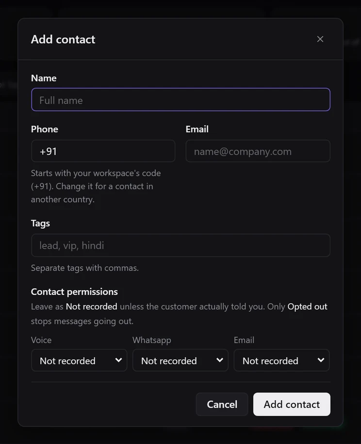 The Add contact dialog with Name, Phone pre-filled with +91, Email, Tags, and three Contact permissions menus for Voice, WhatsApp and Email, each set to Not recorded