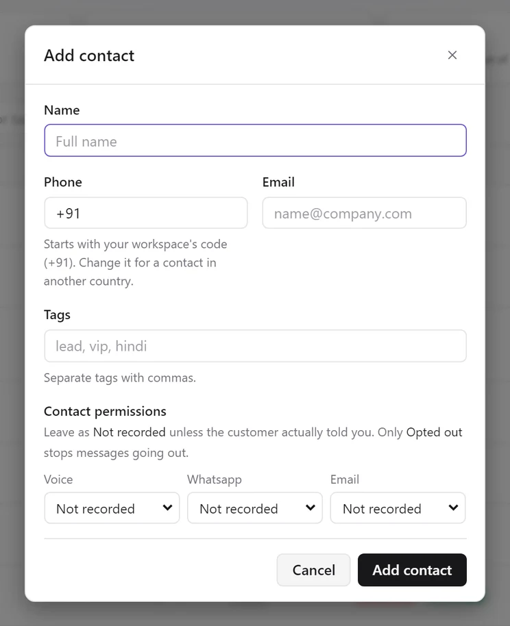 The Add contact dialog with Name, Phone pre-filled with +91, Email, Tags, and three Contact permissions menus for Voice, WhatsApp and Email, each set to Not recorded