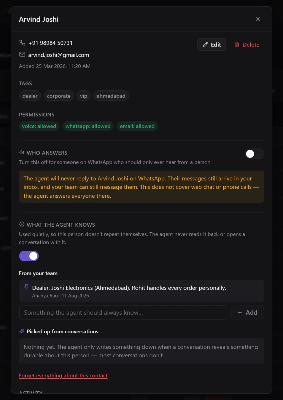 A contact with the Let the agent reply switch off and a warning: The agent will never reply to Arvind Joshi on WhatsApp. Their messages still arrive in your inbox, and your team can still message them. This does not cover web chat or phone calls.