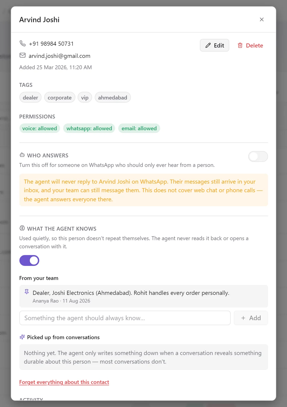 A contact with the Let the agent reply switch off and a warning: The agent will never reply to Arvind Joshi on WhatsApp. Their messages still arrive in your inbox, and your team can still message them. This does not cover web chat or phone calls.