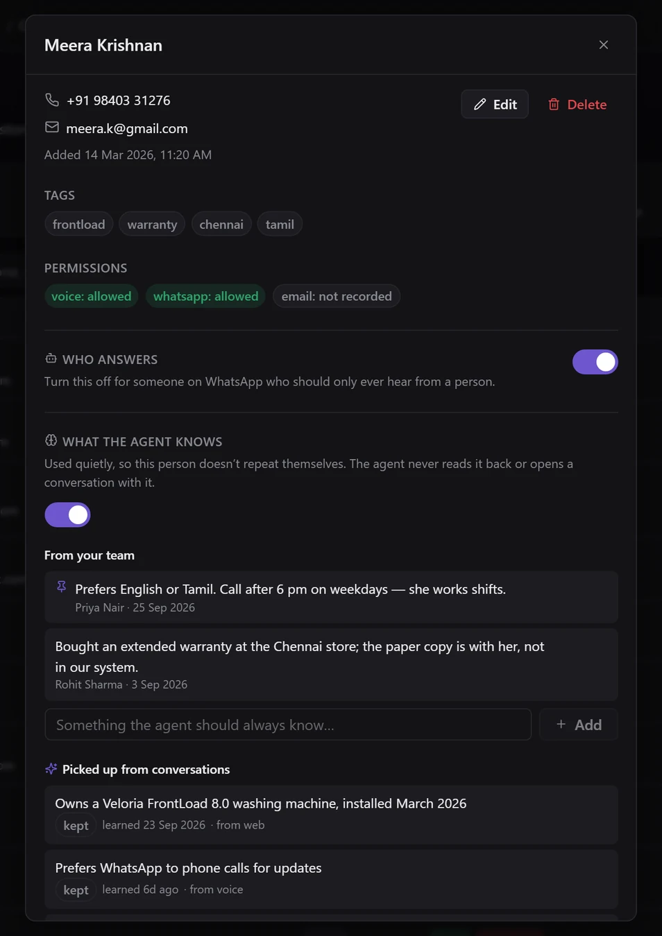 Meera Krishnan's contact: phone and email, tags, permission badges reading voice allowed, WhatsApp allowed and email not recorded, the Who answers switch on, and the start of What the agent knows with two team notes
