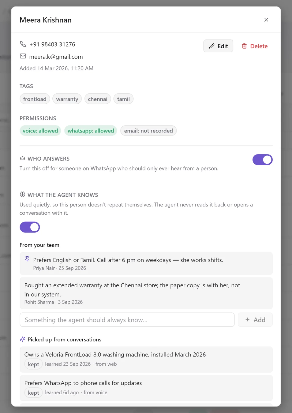 Meera Krishnan's contact: phone and email, tags, permission badges reading voice allowed, WhatsApp allowed and email not recorded, the Who answers switch on, and the start of What the agent knows with two team notes