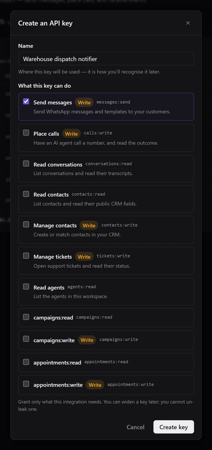 The Create an API key dialog with a name filled in and only Send messages ticked; Write badges mark the scopes that change things