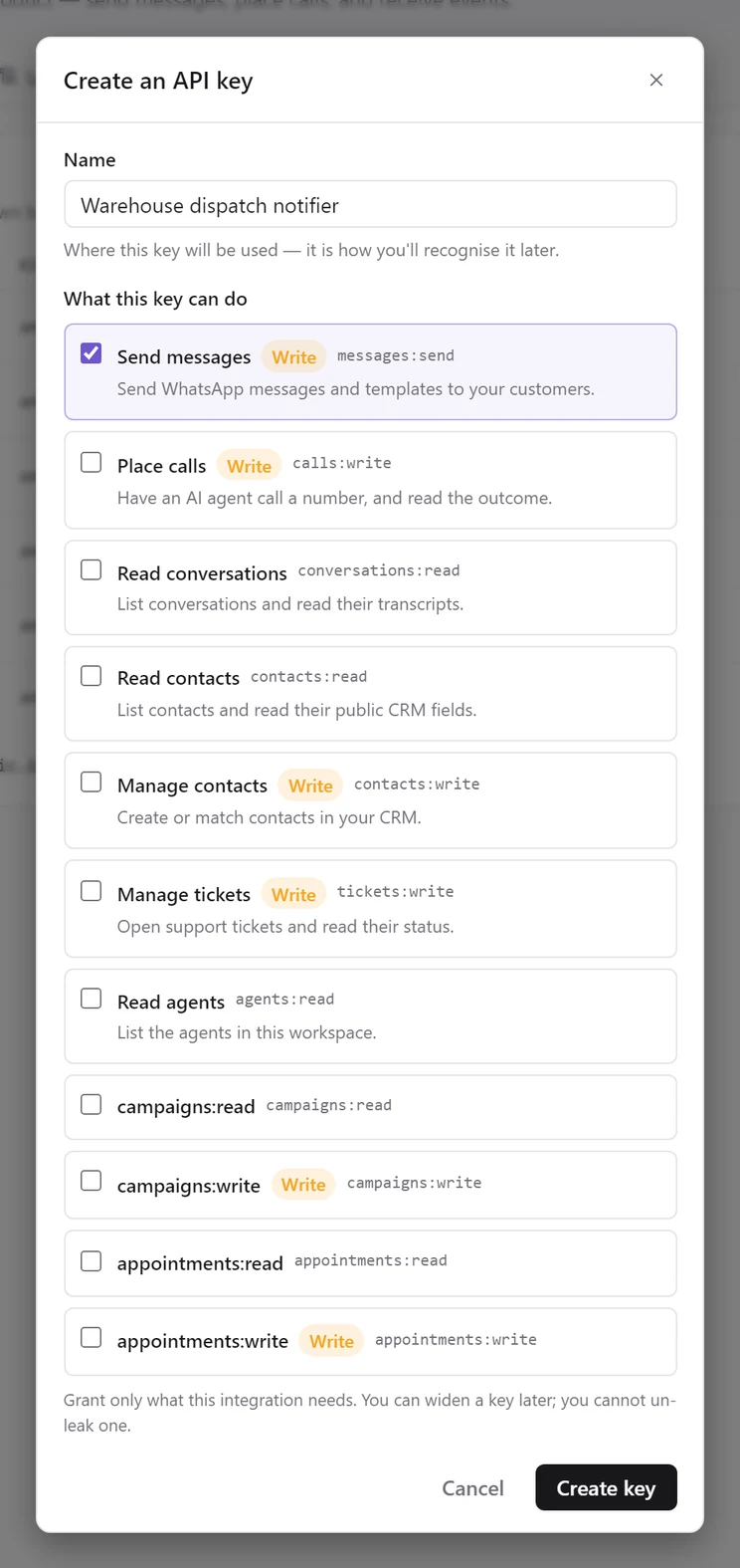 The Create an API key dialog with a name filled in and only Send messages ticked; Write badges mark the scopes that change things