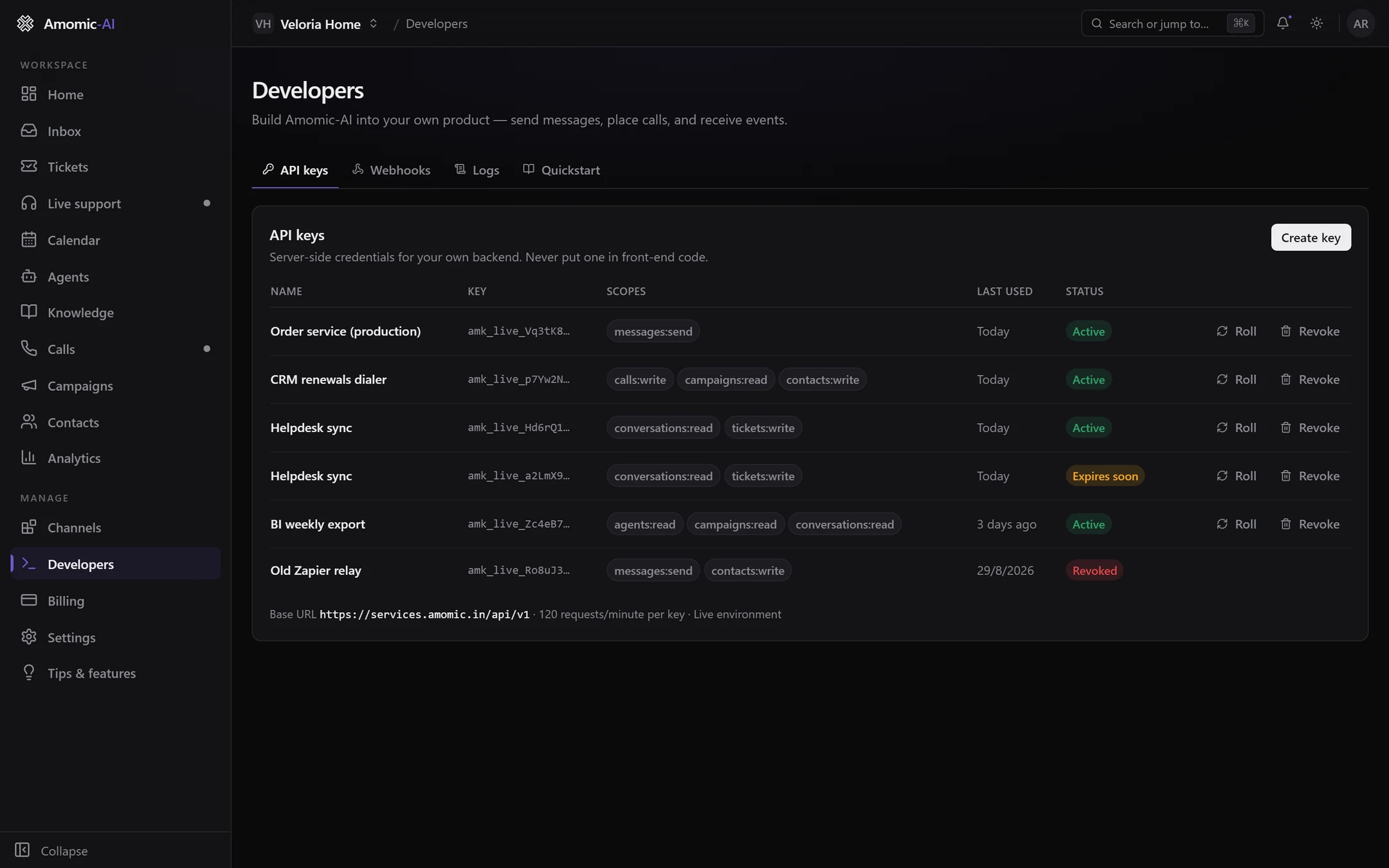 The API keys tab listing keys with masked prefixes, scope badges, last used dates and Active, Expires soon and Revoked statuses, with Roll and Revoke buttons and the base URL footer