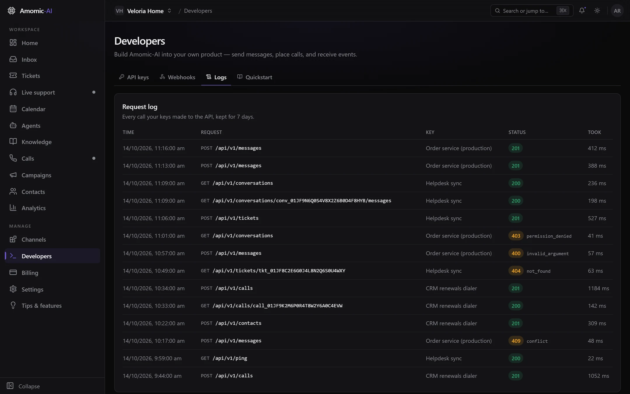 The Request log on the Developers page, listing recent API requests with time, method and path, key name, status with error codes, and duration