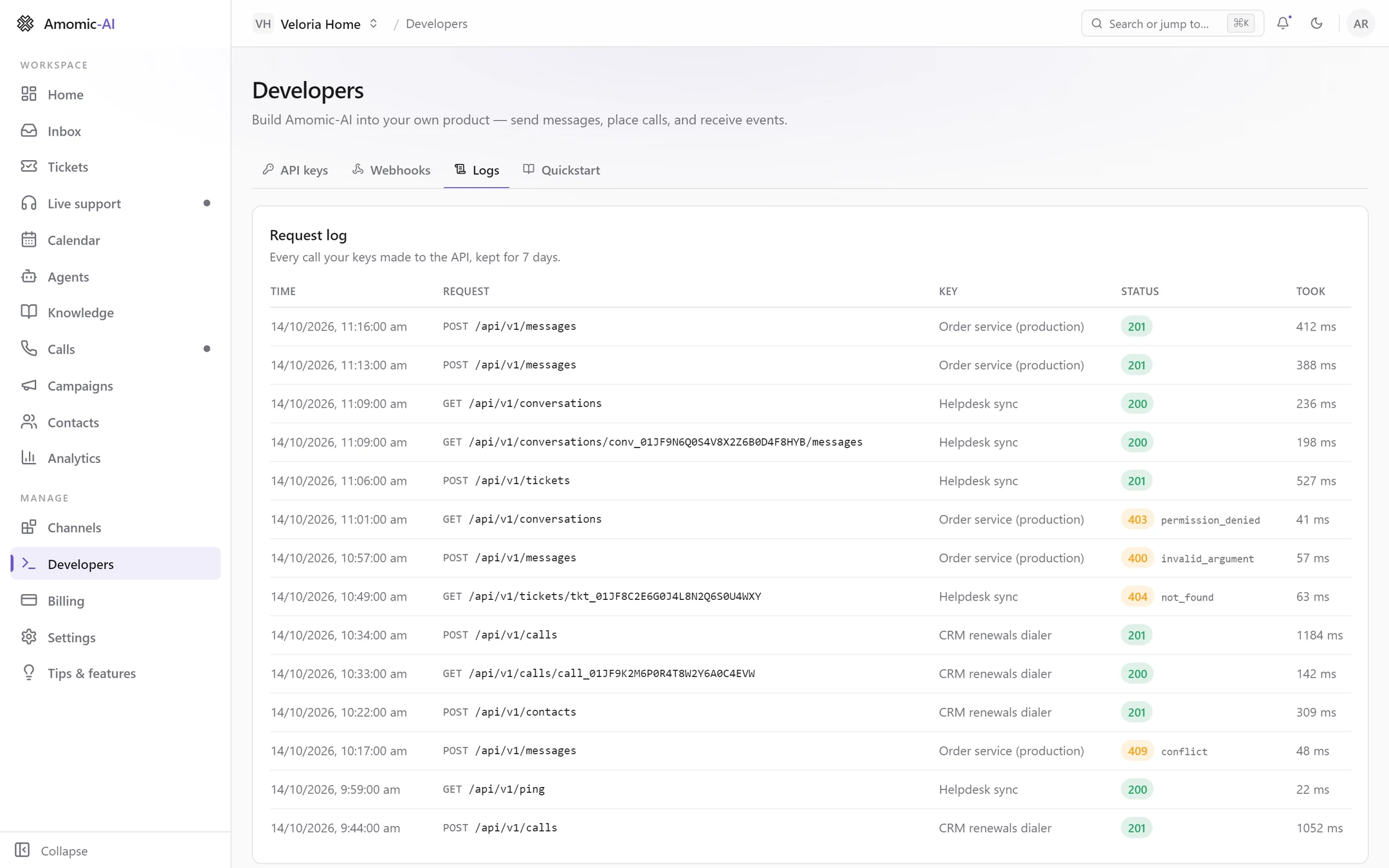 The Request log on the Developers page, listing recent API requests with time, method and path, key name, status with error codes, and duration