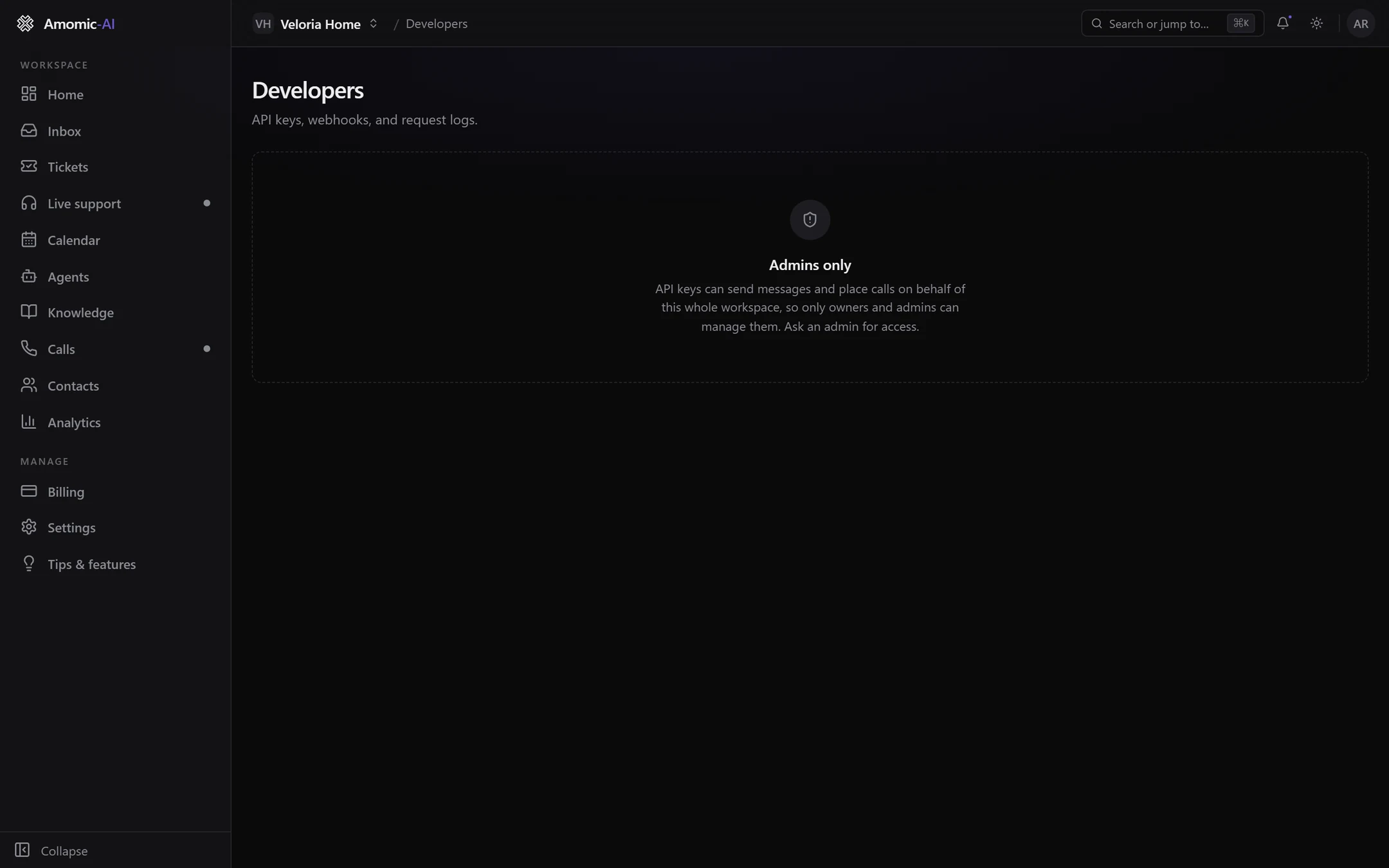 The Developers page as a member sees it: an Admins only message explaining that only owners and admins can manage API keys