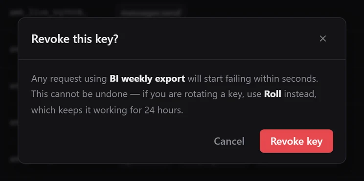 The Revoke this key? dialog for the BI weekly export key, with Cancel and Revoke key buttons
