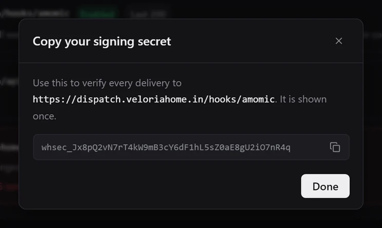 The Copy your signing secret dialog showing a whsec_ secret for the new endpoint
