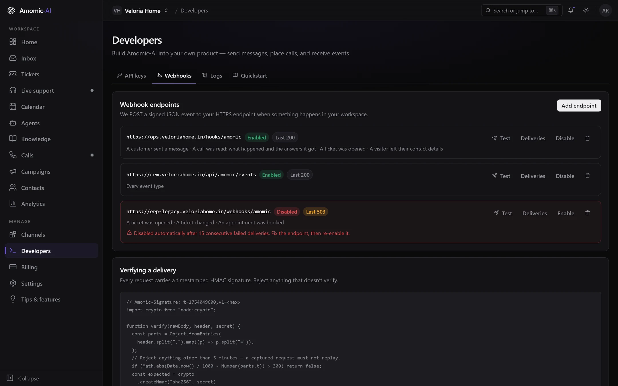 The Webhooks tab with two enabled endpoints showing Last 200, one listing four event types and one receiving every event type, and a disabled endpoint with Last 503 and a note that it was disabled automatically after 15 consecutive failed deliveries