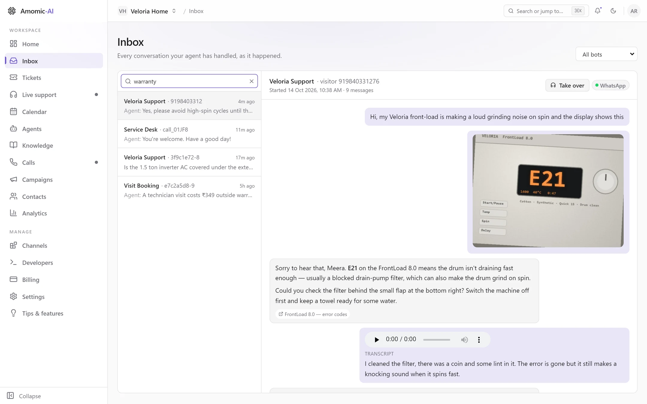 The Inbox list filtered by the word warranty, showing four matching conversations across WhatsApp, voice and web