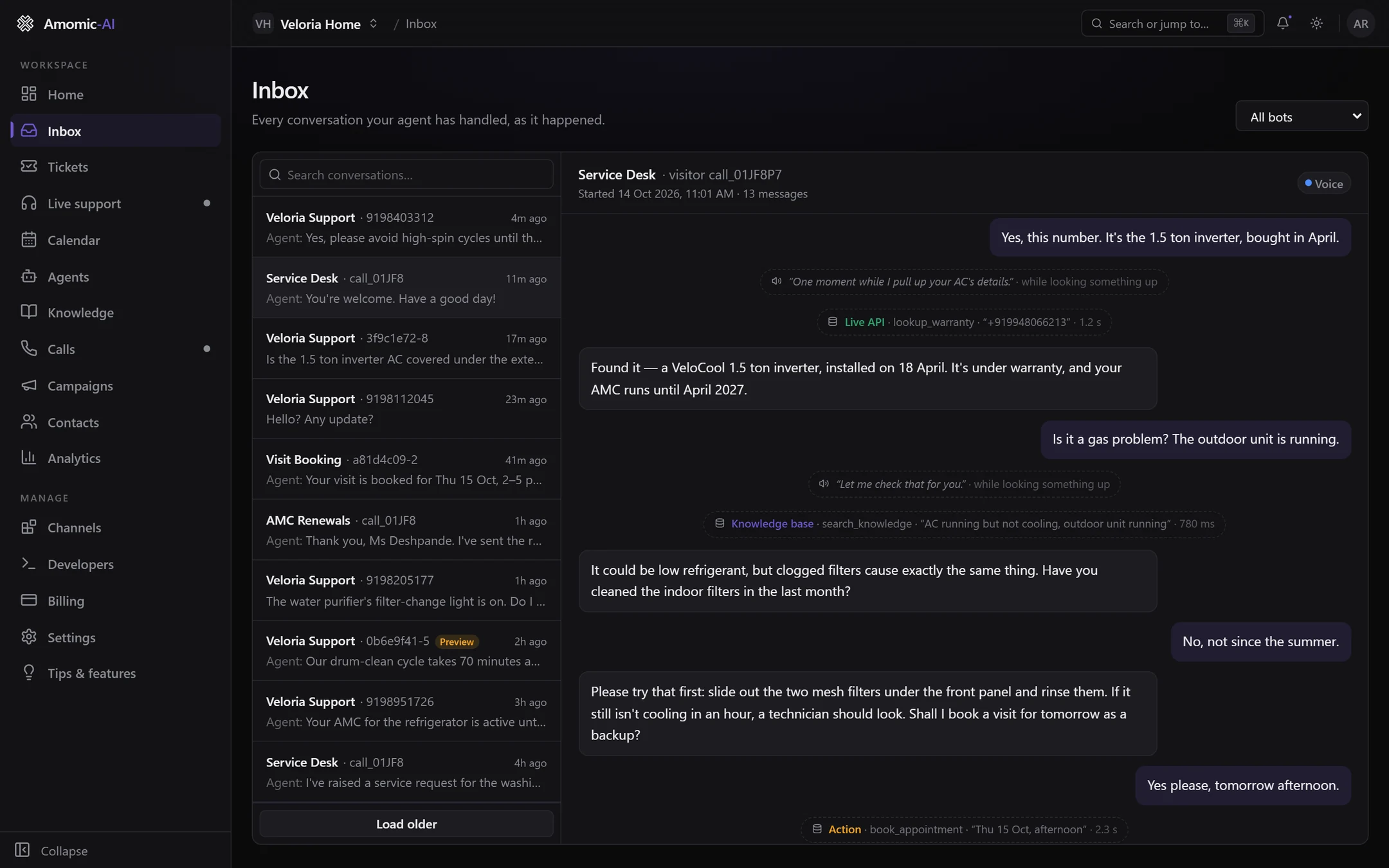 A voice call transcript with trail rows between the turns: a filler line spoken while looking something up, a Live API lookup_warranty lookup taking 1.2 s, a Knowledge base search_knowledge lookup taking 780 ms, and an Action book_appointment row
