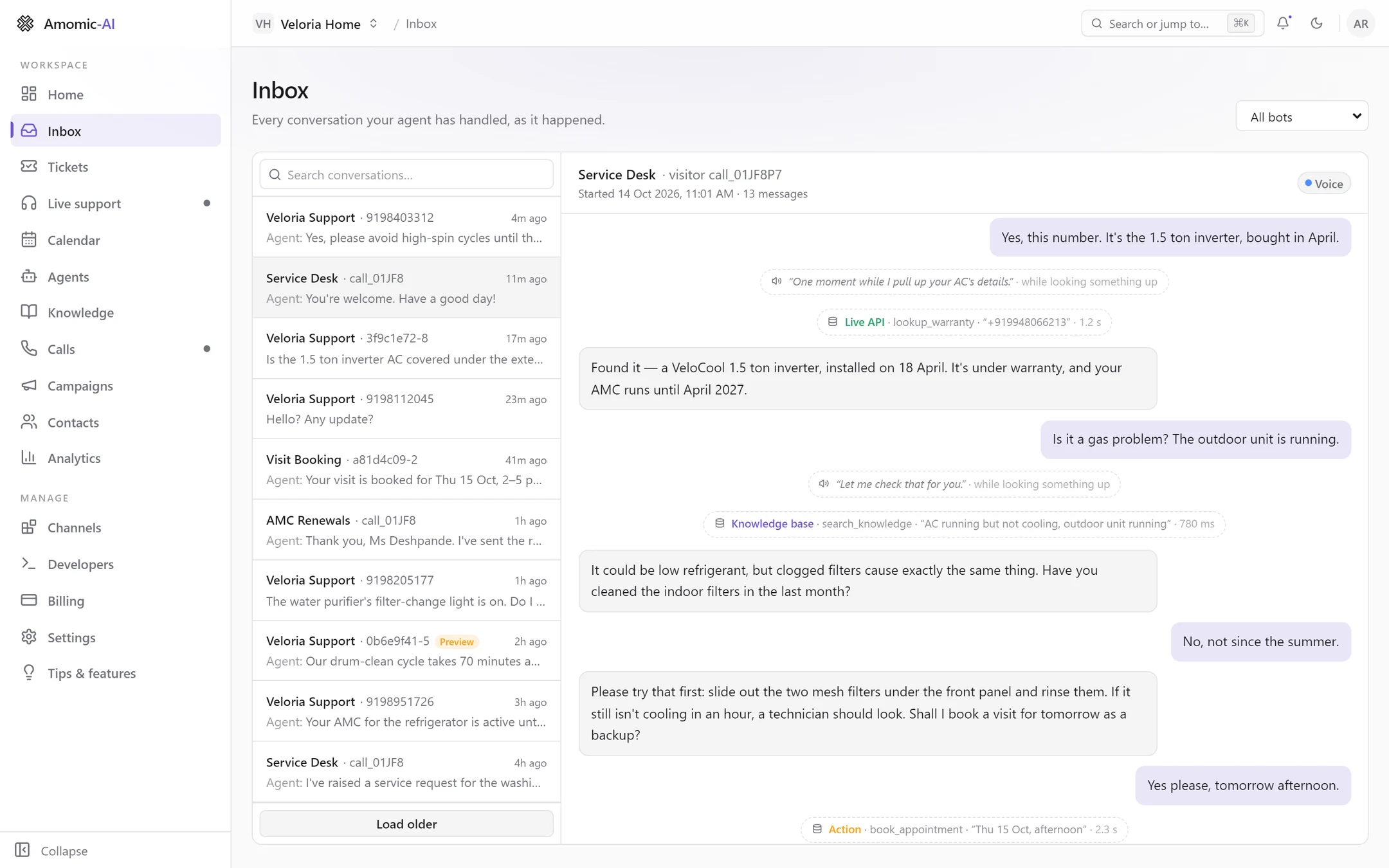A voice call transcript with trail rows between the turns: a filler line spoken while looking something up, a Live API lookup_warranty lookup taking 1.2 s, a Knowledge base search_knowledge lookup taking 780 ms, and an Action book_appointment row