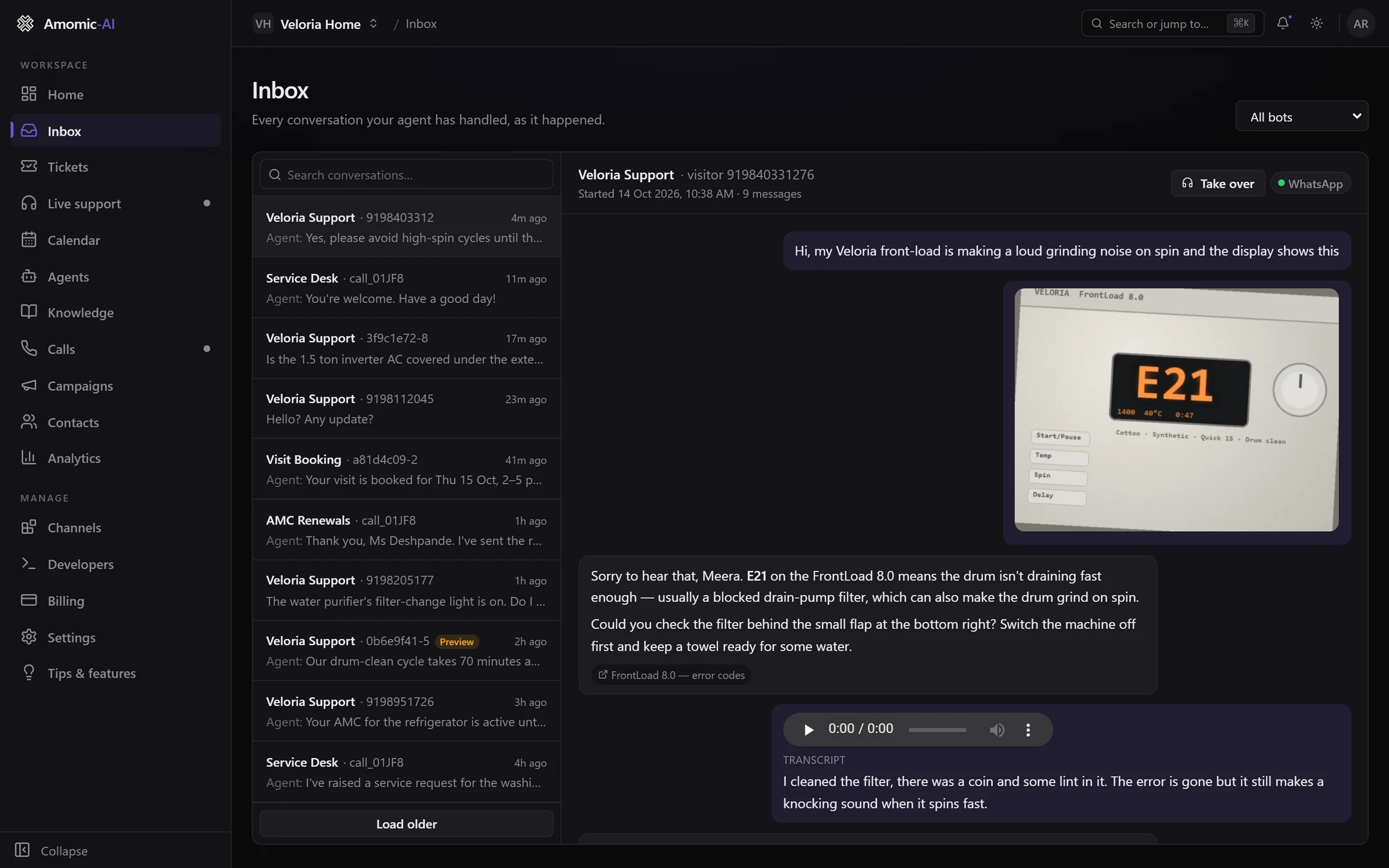 The Inbox with the conversation list on the left and a WhatsApp transcript on the right: the customer's message, a photo of a washing machine showing error E21, the agent's answer with a knowledge source link, and a voice note with its transcript