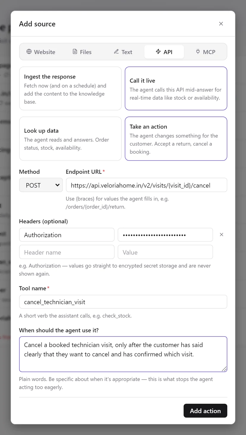The API tab set to Call it live and Take an action, with method POST, an endpoint URL containing {visit_id}, an Authorization header, the tool name cancel_technician_visit and a description of when to use it