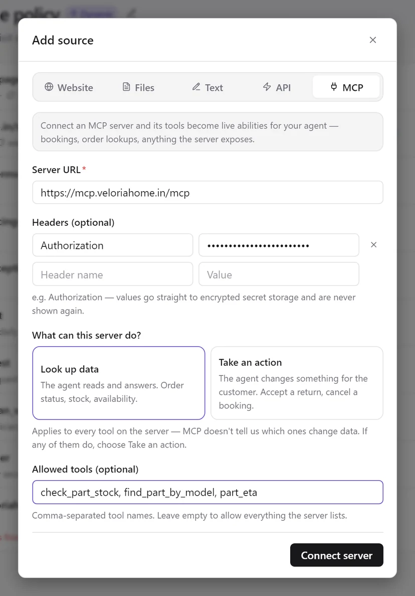 The MCP tab with a server URL, an Authorization header, Look up data selected, and three allowed tool names