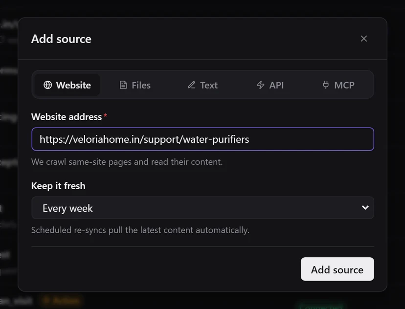 The Add source dialog on the Website tab, with a website address filled in and Keep it fresh set to Every week