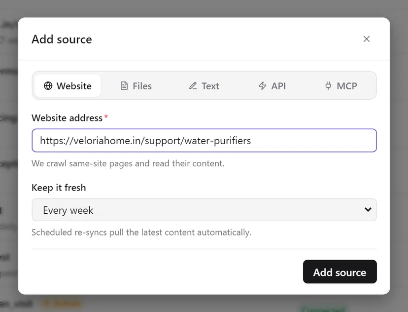 The Add source dialog on the Website tab, with a website address filled in and Keep it fresh set to Every week