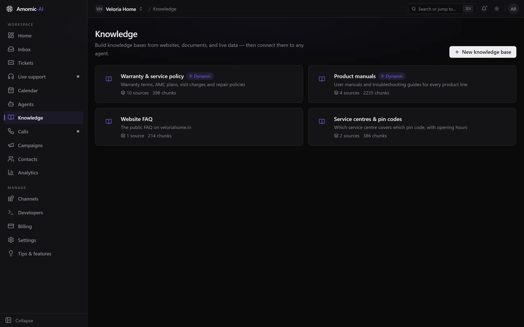 The Knowledge page listing four knowledge bases as cards, two of them marked Dynamic, each with a source count and a chunk count