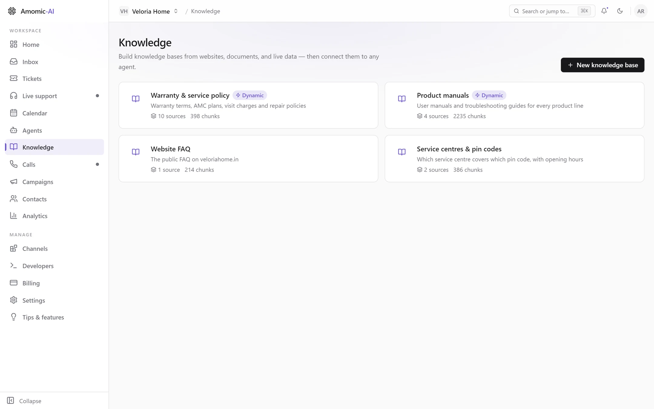 The Knowledge page listing four knowledge bases as cards, two of them marked Dynamic, each with a source count and a chunk count
