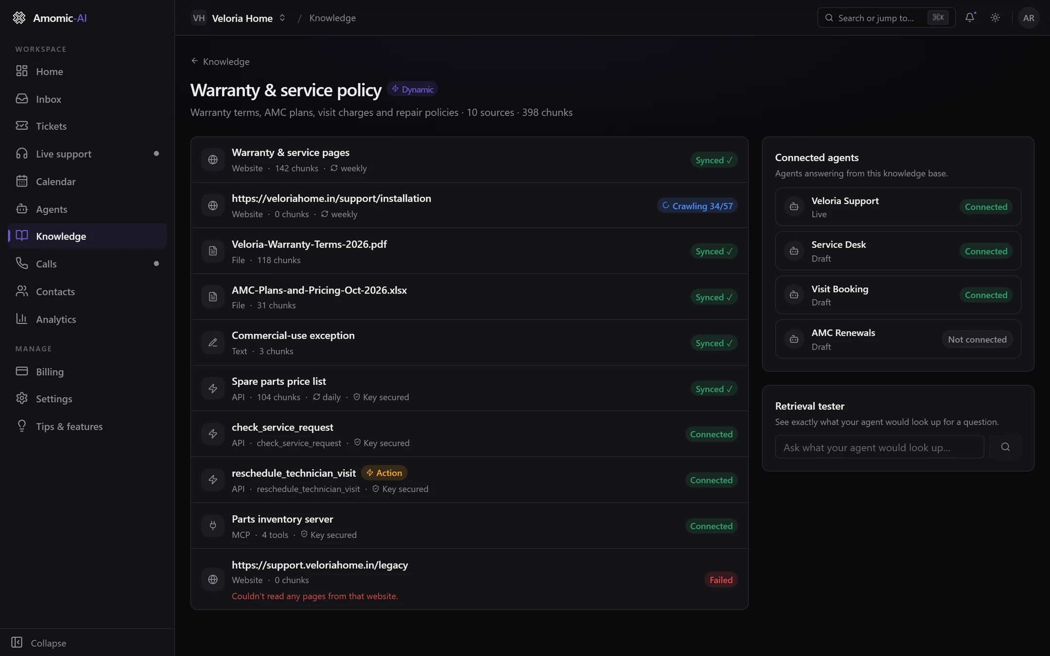 The same knowledge base seen by a member: no Add source button or row actions, and Connected or Not connected badges in the Connected agents card
