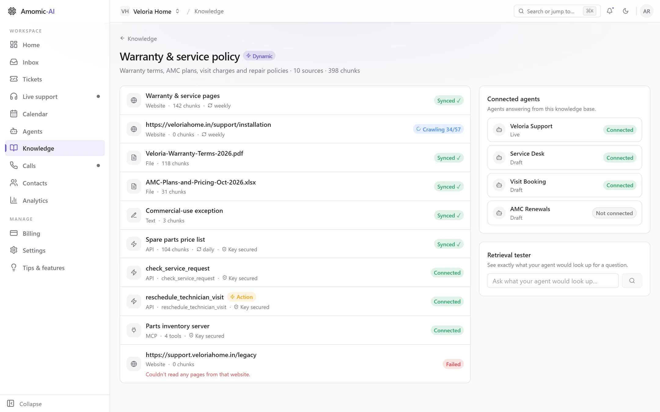 The same knowledge base seen by a member: no Add source button or row actions, and Connected or Not connected badges in the Connected agents card