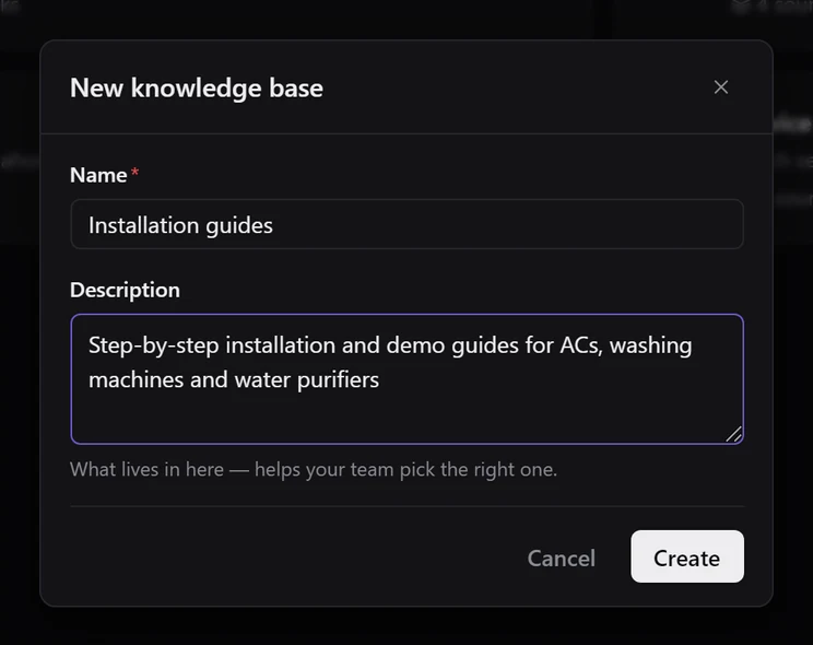 The New knowledge base dialog with the name Installation guides and a one-line description filled in