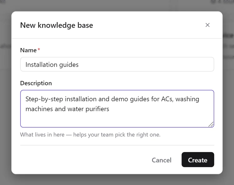 The New knowledge base dialog with the name Installation guides and a one-line description filled in