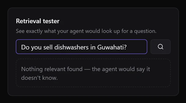 The Retrieval tester showing Nothing relevant found — the agent would say it doesn't know, for a question about dishwashers in Guwahati