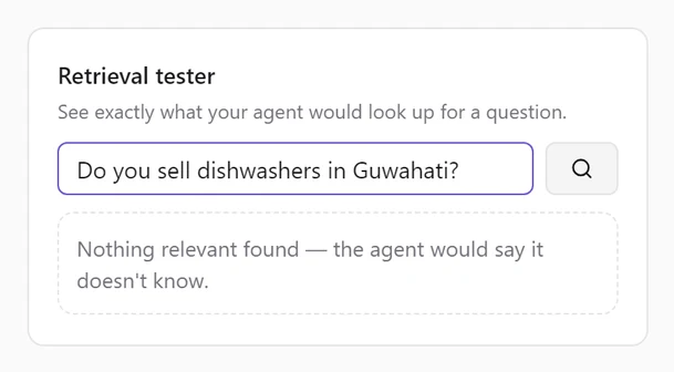 The Retrieval tester showing Nothing relevant found — the agent would say it doesn't know, for a question about dishwashers in Guwahati
