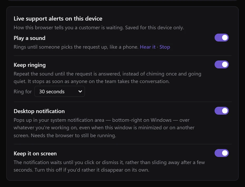 The Live support alerts on this device card with Play a sound, Keep ringing with Ring for 30 seconds, Desktop notification and Keep it on screen all switched on