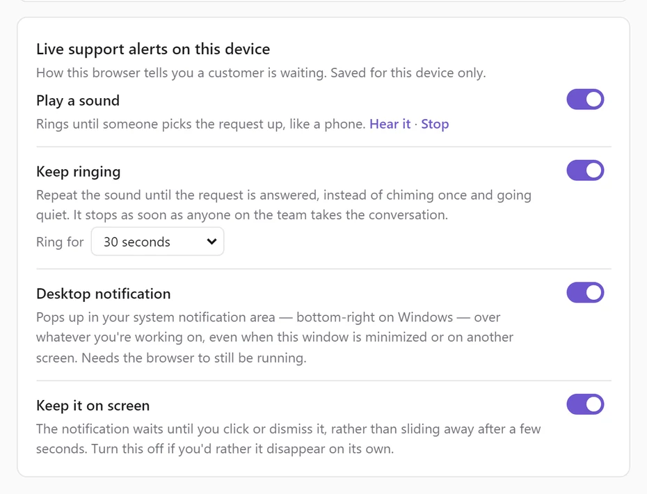 The Live support alerts on this device card with Play a sound, Keep ringing with Ring for 30 seconds, Desktop notification and Keep it on screen all switched on