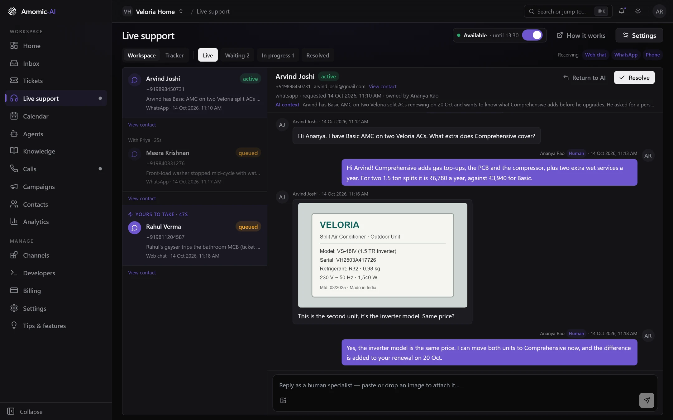Live support with the availability switch on until 13:30, the queue showing an active WhatsApp chat, a request reserved for Priya with a countdown and one marked Yours to take, and the open conversation with Human labels and a customer photo
