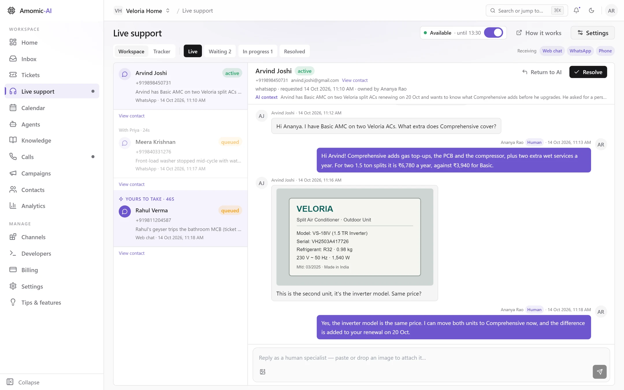 Live support with the availability switch on until 13:30, the queue showing an active WhatsApp chat, a request reserved for Priya with a countdown and one marked Yours to take, and the open conversation with Human labels and a customer photo