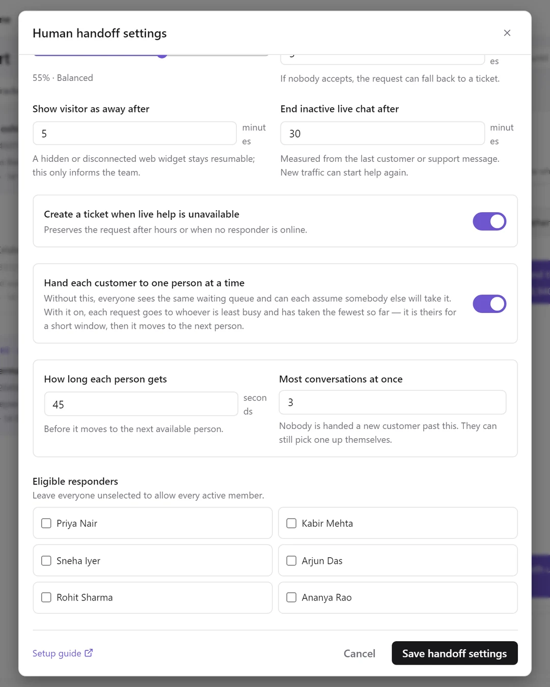 The lower half of Human handoff settings: the timers, ticket fallback, Hand each customer to one person at a time switched on with How long each person gets 45 seconds and Most conversations at once 3, and the eligible responders